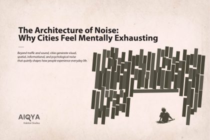 Poster announcing 'The Architecture of Noise: Why Cities Feel Mentally Exhausting' with a dramatic abstract bar motif on the right and a small AIQYA Habitat Studies logo bottom left.
