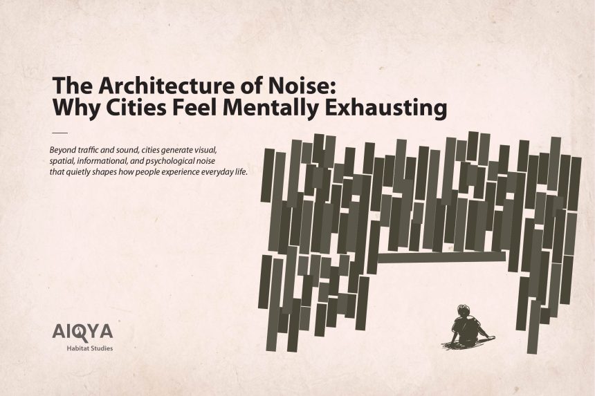 Poster announcing 'The Architecture of Noise: Why Cities Feel Mentally Exhausting' with a dramatic abstract bar motif on the right and a small AIQYA Habitat Studies logo bottom left.
